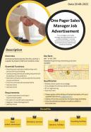 One Pager Sales Manager Job Advertisement Presentation Report Infographic PPT PDF Document