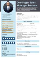 One Pager Sales Manager Resume Presentation Report Infographic Ppt Pdf Document