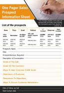One pager sales prospect information sheet presentation report infographic ppt pdf document