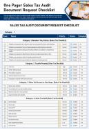 One pager sales tax audit document request checklist presentation report ppt pdf document