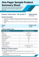 One Pager Sample Product Summary Sheet Presentation Report Infographic PPT PDF Document