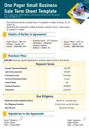 One Pager Small Business Sale Term Sheet Template Presentation Report Infographic PPT PDF Document