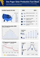 One pager solar production fact sheet presentation report infographic ppt pdf document
