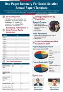 One pager summary for social solution annual report template presentation report infographic ppt pdf document