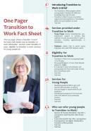 One Pager Transition To Work Fact Sheet Presentation Report Infographic PPT PDF Document