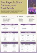 One Pager Tv Show Summary And Cast Details Presentation Report Infographic PPT PDF Document