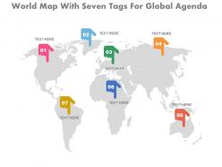 One world map with seven tags for global agenda flat powerpoint design