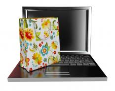 Online shopping graphic with bag and laptop stock photo