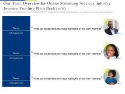 Online streaming services industry investor funding our team overview ppt mockup