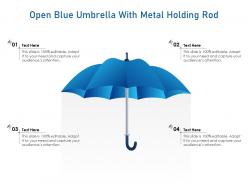 Open blue umbrella with metal holding rod