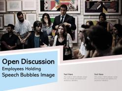Open discussion employees holding speech bubbles image
