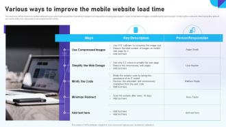 Optimizing Mobile SEO Various Ways To Improve The Mobile Website Load Time Ppt Brochure