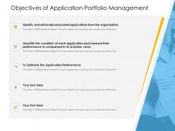 Organization application objectives of application portfolio management business value ppts icons