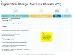 Organization change readiness checklist systems organizational change strategic plan ppt summary