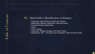 Organize Monitor And Improve Relationships With Stakeholders For Table Of Contents
