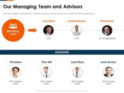 Our managing team and advisors y combinator investor funding elevator ppt introduction