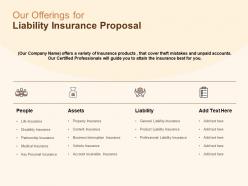 Our offerings for liability insurance proposal ppt powerpoint show
