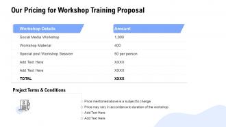 Our pricing for workshop training proposal ppt powerpoint presentation slides