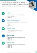 Our Products And Service Line For Podcast Sponsorship Proposal One Pager Sample Example Document