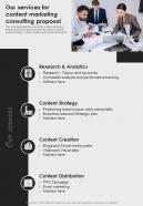 Our Services For Content Marketing Consulting Proposal One Pager Sample Example Document