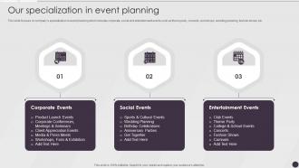 Our Specialization In Event Planning Event Coordinator Company Profile