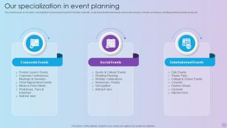 Our Specialization In Event Planning Event Planning Service Company Profile Ppt Template