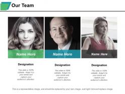 Our team designation with three images ppt styles portrait