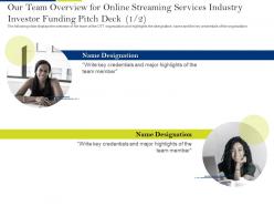 Our team overview for online streaming services industry investor funding pitch deck ppt tips
