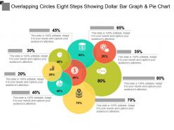 Overlapping circles eight steps showing dollar bar graph and pie chart