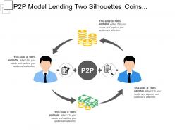 P2p model lending two silhouettes coins magnifying glass file sharing peer to peer
