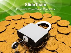 Padlock on dollar coins financial business powerpoint templates ppt themes and graphics 0113