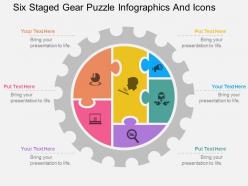 Pc six staged gear puzzle infographics and icons flat powerpoint design
