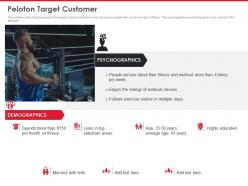 Peloton investor funding elevator peloton target customer ppt summary layout ideas