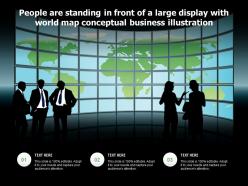 People are standing in front of a large display with world map conceptual business illustration