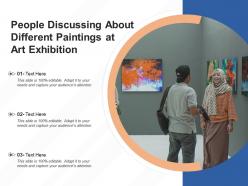 People discussing about different paintings at art exhibition