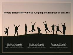 People silhouettes of folks jumping and having fun on a hill