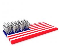 People standing on us flag stock photo