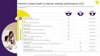 Perform Content Audit To Improve Existing Performance Digital Content Marketing Strategy SS Editable Ideas