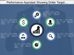 Performance appraisal showing dollar target and magnifying glass