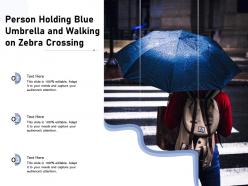 Person holding blue umbrella and walking on zebra crossing