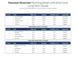 Personal financial planning sheet with short and long term goals