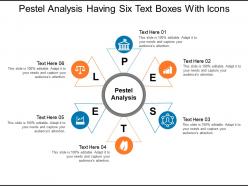 Pestel analysis having six text boxes with icons