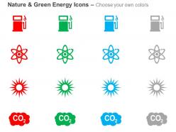Petrol pump nuclear energy sunlight carbon di oxide emission ppt icons graphics