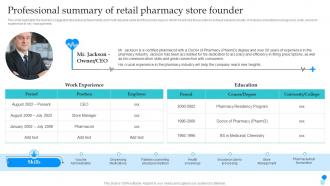 Pharmaceutical Store Business Plan Professional Summary Of Retail Pharmacy Store Founder BP SS