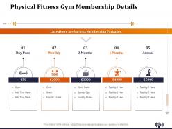 Physical fitness gym membership details ppt templates