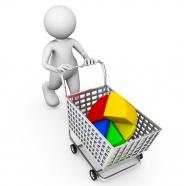 Pie chart in cart with 3d man stock photo
