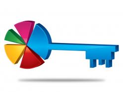 Pie chart on the key displays business results stock photo