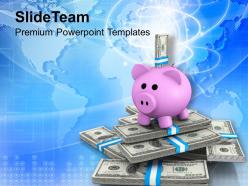 Piggy bank and dollar notes global business finance powerpoint templates ppt themes and graphics 0113