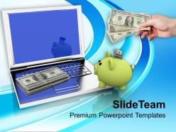 Piggy bank and money on laptop powerpoint templates ppt backgrounds for slides 0213