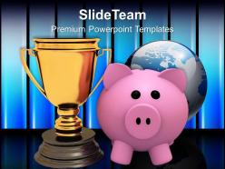 Piggy bank with trophy winner with savings powerpoint templates ppt themes and graphics